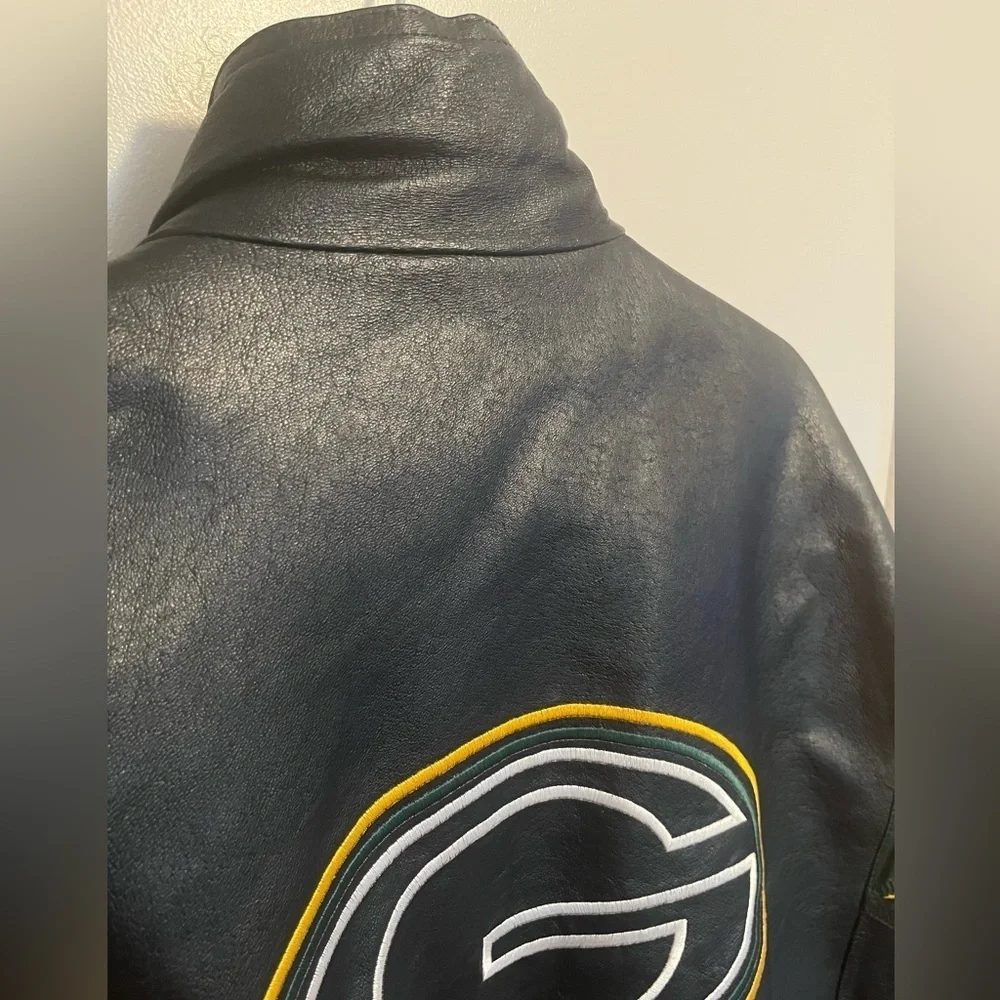Vintage 90s Green Bay Packers Pro Player Leather Black Jacket Size Medium Rare
